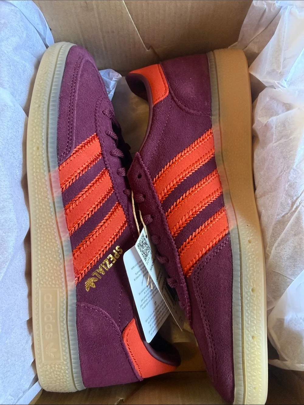 adidas Women’s Handball Spezial Burgundy Suede Sneakers with Orange Stripes - Picture 4 of 7